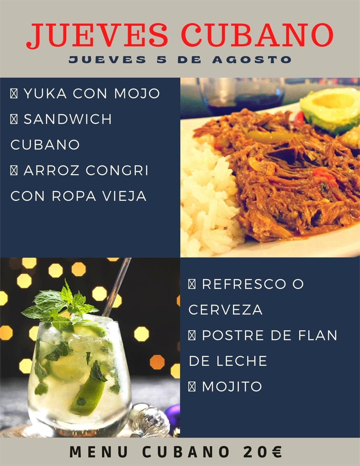 Menú Cubano 20€ - Jueves 5 de Agosto - Imagen 1